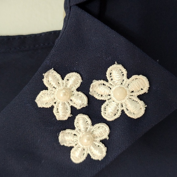 Elle Blouse XXL Cap Sleeve Casual Spring Sheer Embellished Collar Navy Blue - Picture 3 of 12